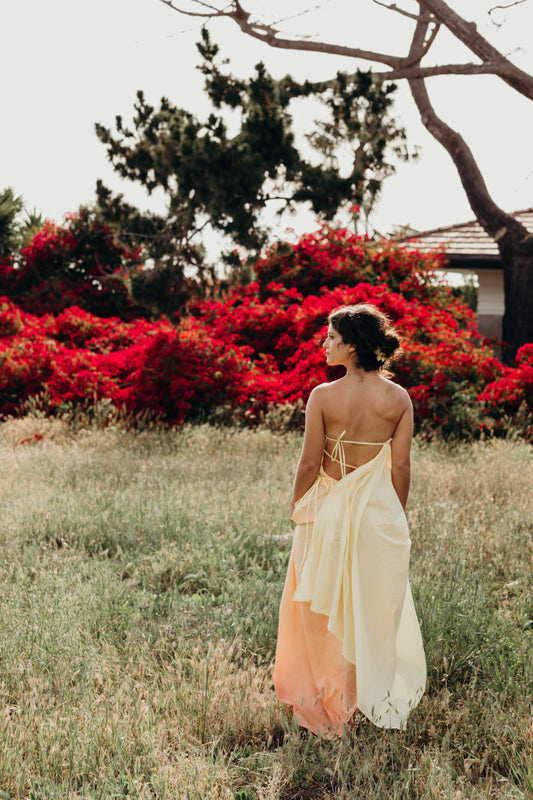 Woman in a flowing dress standing in a field with red bushes and trees in the background