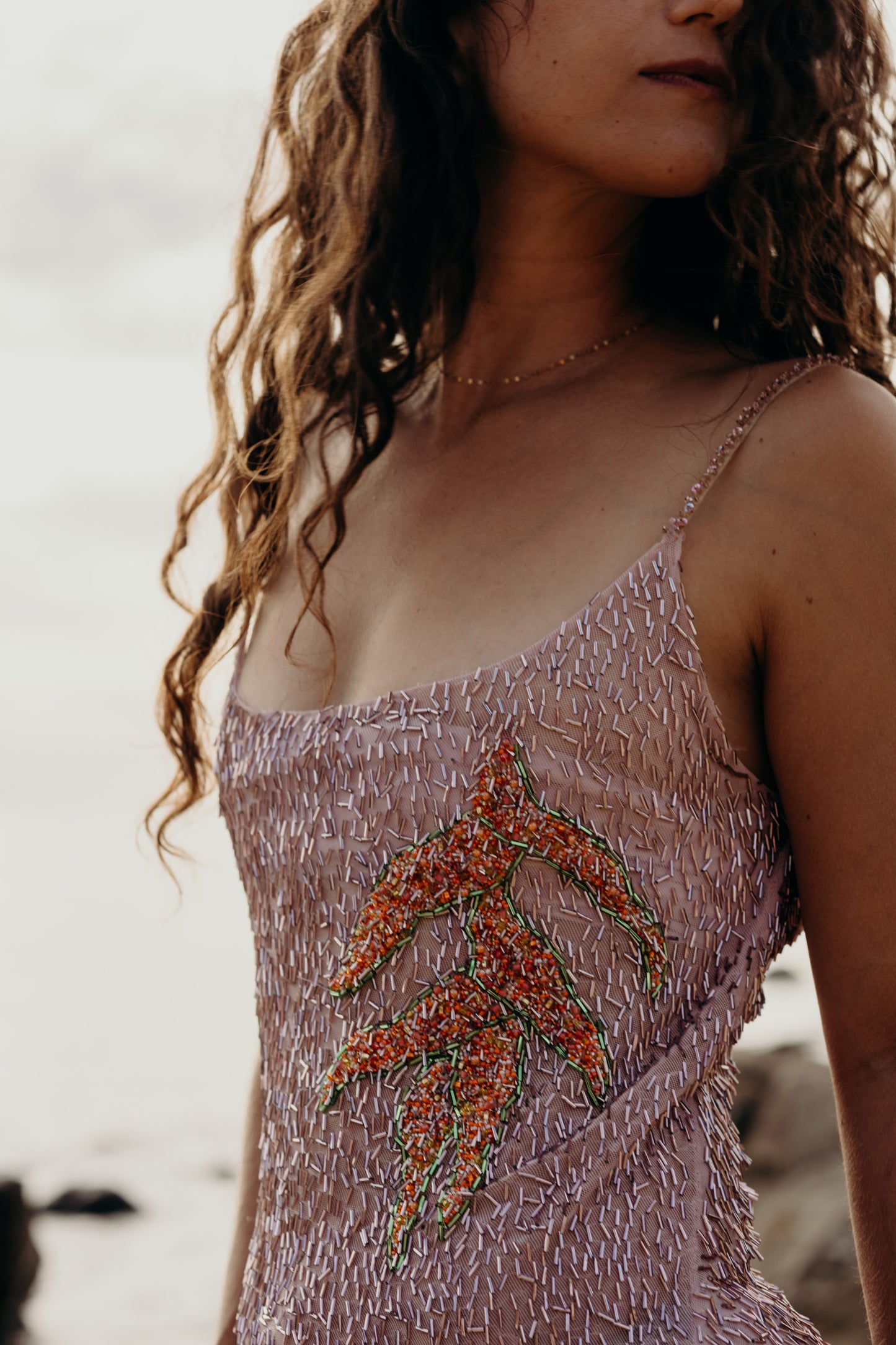 Close-up of a person wearing a pink embroidered dress with a blurred background