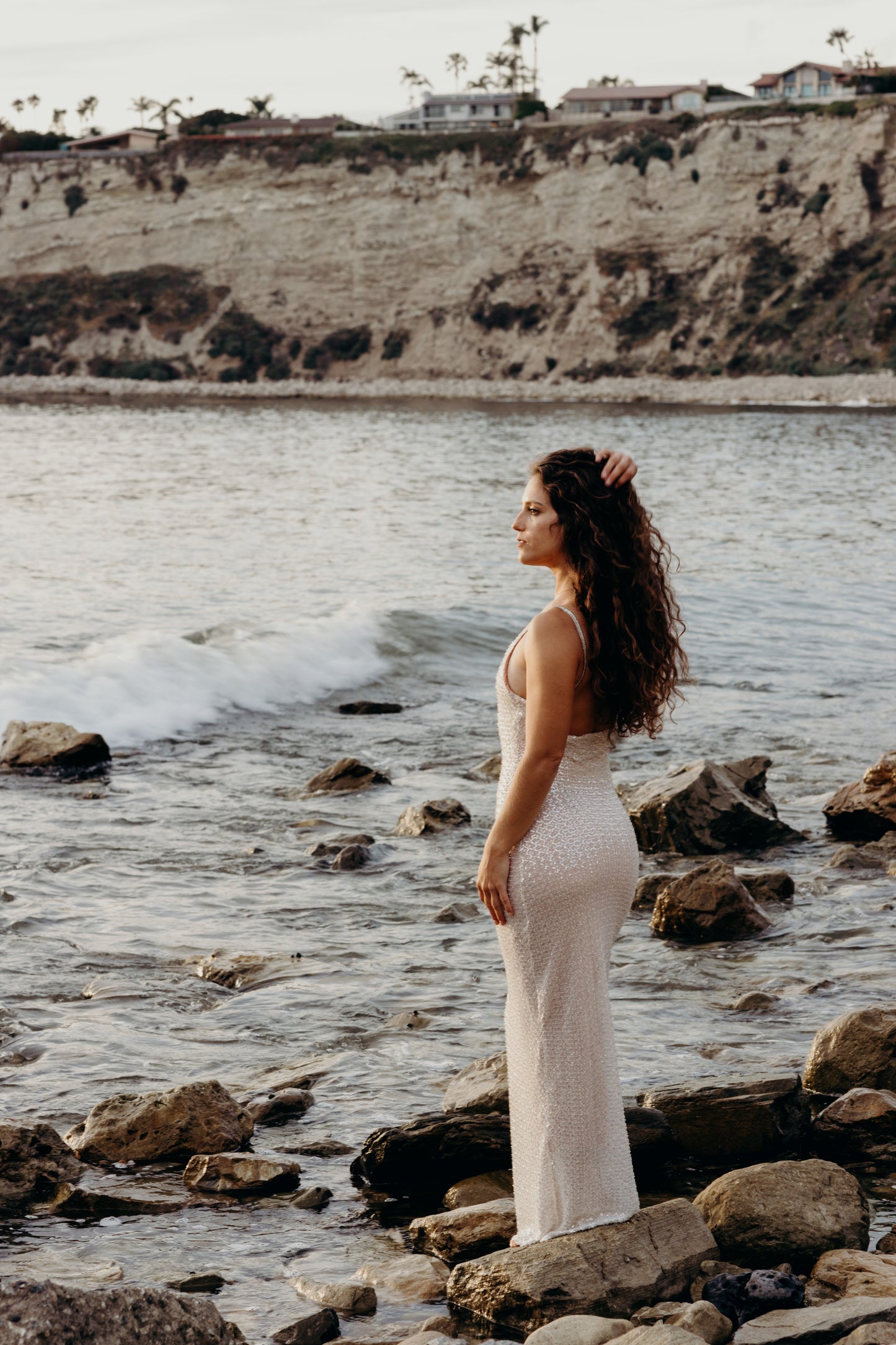Moonlit Waves Beaded Backless Gown