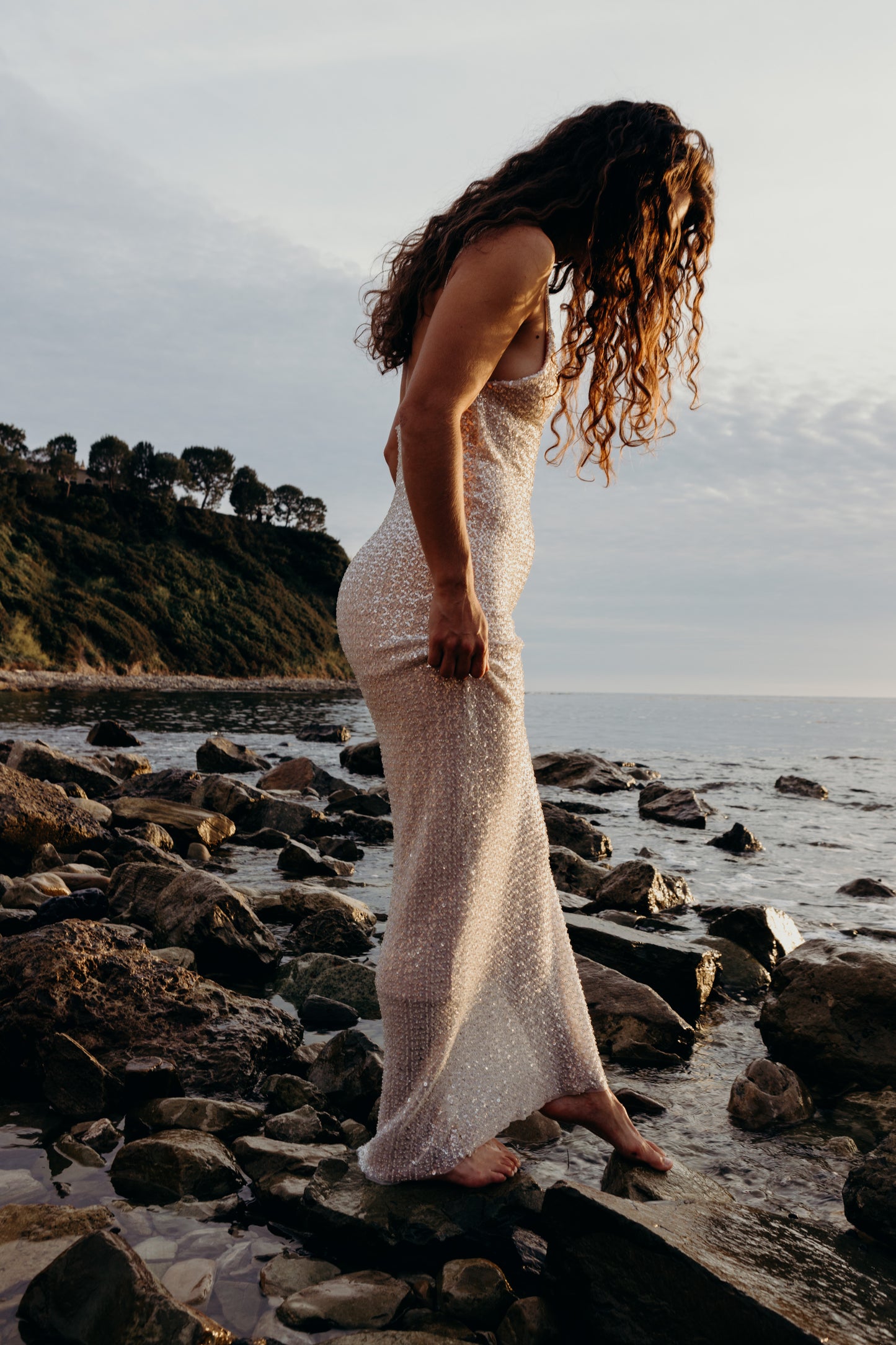 Moonlit Waves Beaded Backless Gown