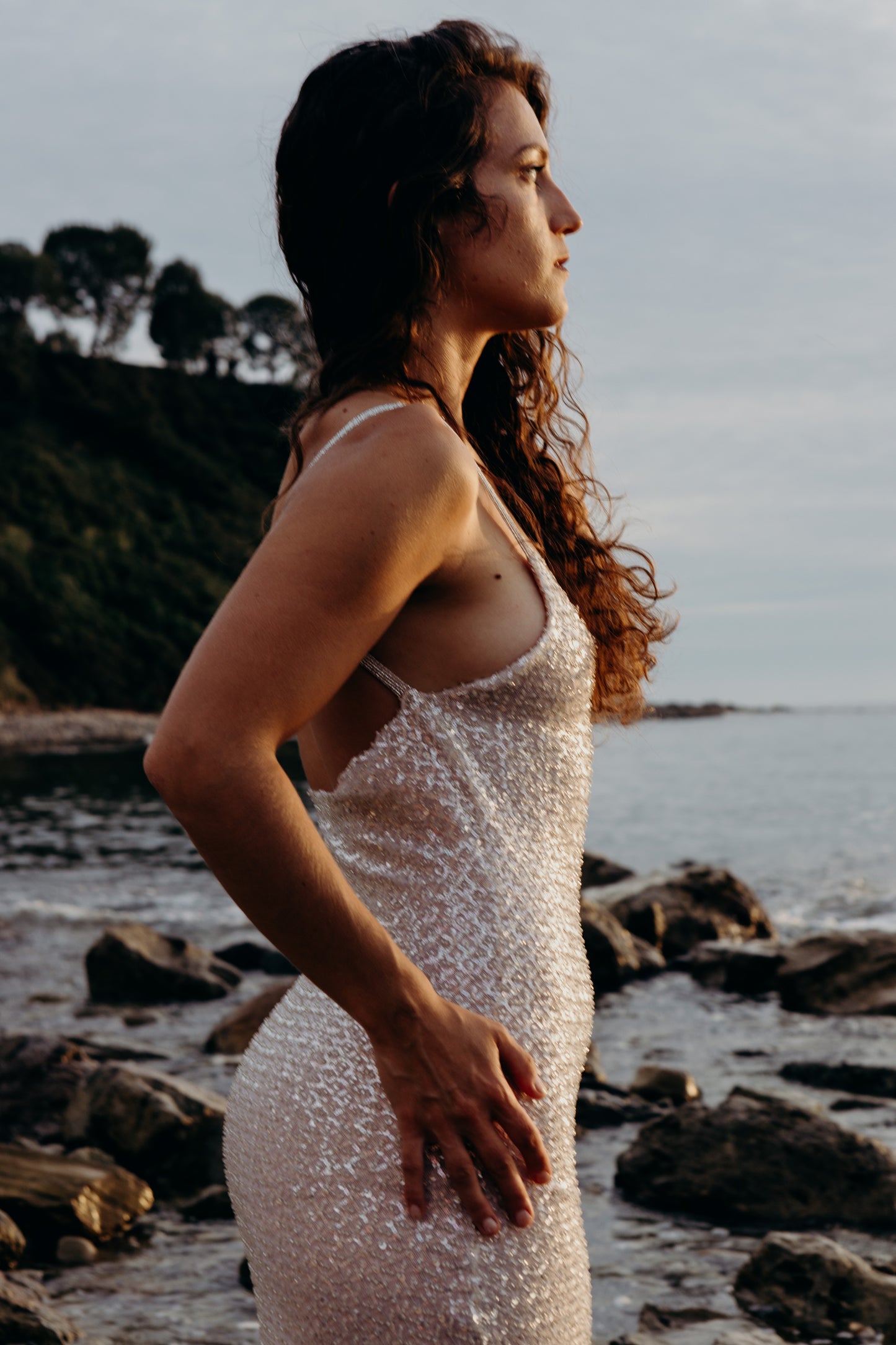 Moonlit Waves Beaded Backless Gown